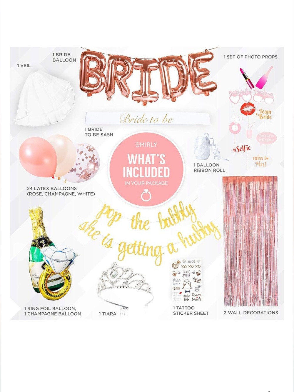 New 35 pc Bridal party decorations kit Sash and Veil Set - Crown, balloons